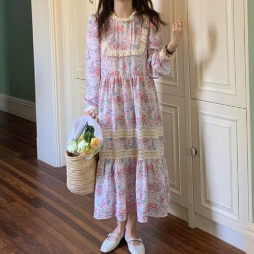 Sannian Women Dress Spring Stand Collar Lace Stitching Loose Knee-length Floral Dresses Ladies Clothes Dresses Woman Party Night