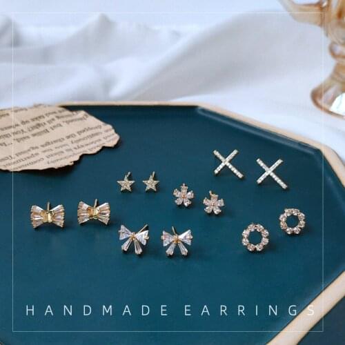 925 Silver Needle Plated 14K Real Gold Zircon Micro Inlaid Small Stud Bow Cross Earrings Stud Earrings Woman Earring Jewellery