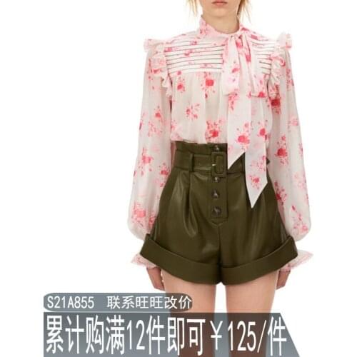 Spring new 21 French sweet floral top Lantern Sleeve Chiffon shirt long sleeve Bow Tie Shirt