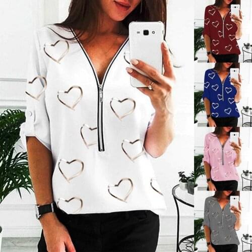 2021 Fashion Spring Women Shirt Vintage Love Heart Print Blouse Elegant V Neck Zipper Shirts Casual Spring Long Sleeve Tops