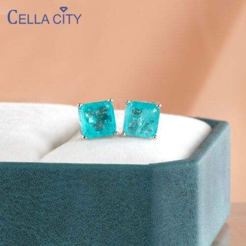 Cellacity 100% 925 Sterling Silver 7*7mm Paraiba Tourmaline Stud Earrings For Women Sparkling Wedding Party Fine Jewelry Gift