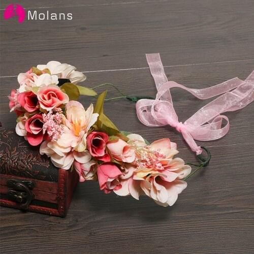 MOLANS Fashion Stimulation Flower Crown Headband for Women Muti-color Cotton Flower Plastic Leaves Hair Hoop for Photograph