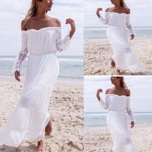 S-XL new women lace patchwork slash neck off shoulder dress seaside summer holiday dress casual leisure maxi dress