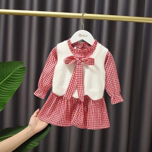 2 Piece Baby girl clothes long sleeve check dress + knitted vest Sweater Children Infant Autumn Clothing set Baby girl outfit