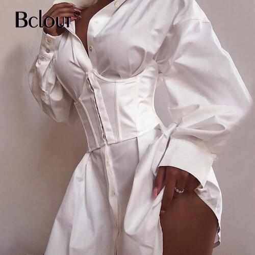 Bclout Elegant Long Sleeve Shirt Dress Women White Office Lantern Sleeve Turn Down Collar Dress Autumn Fashion Dresses 2021 Robe