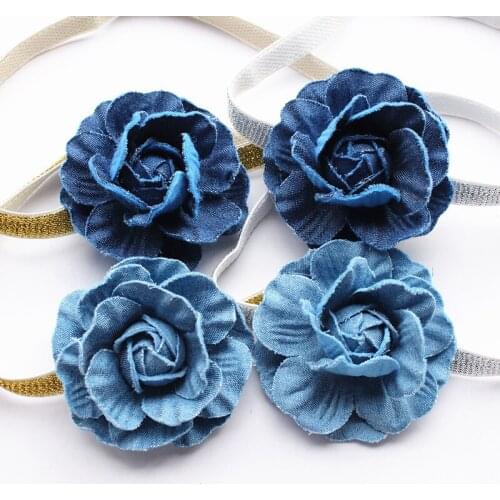 2017 Navy Blue Camellia Girls Hairbands Cowboy Floral Headbands Handmade Flower Shape Kids Hairbands Princess Hairband 18pcs/lot