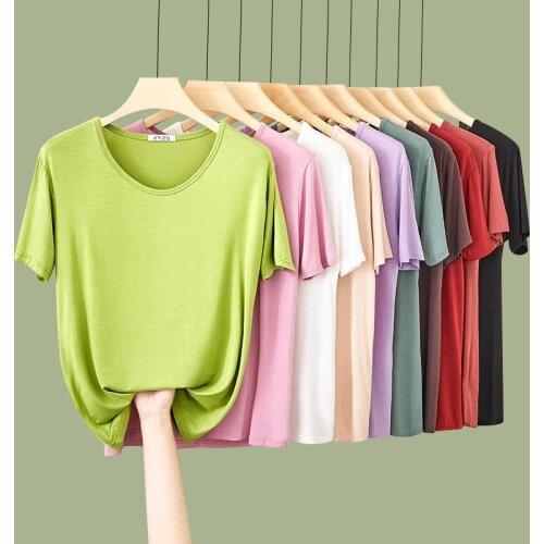 Women Basic Bright Color T-Shirts Summer Fashion Woman Cotton Tops Tees Casual Short Sleeve V-Neck Tshirt Solid Color T Shirts