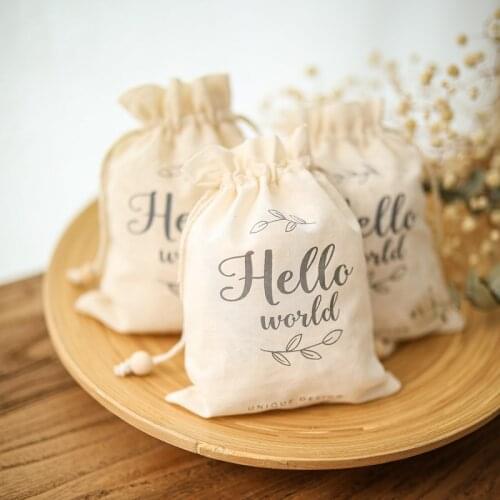 20pcs/50pcs Hello Word White Cotton Birthday Party Linen Drawstrings Gift Bag Baby Toy Packaging Bag Decorative Bag Baby Gift