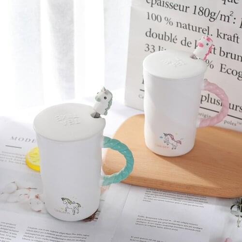Creative Unicorn Coffee Mug with Lid and 3D Spoon Cute Cartoon Porcelain Coffee Cup for Water Tea Girl Birthday Gift
