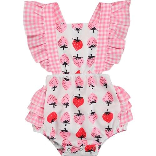 Cute Infant Baby Girl Rompers Summer Fruit Printed Ruffles Fly Sleeve Backless Lace-Up Short Jumpsuit Baby Clothes 0-24M