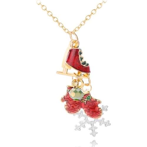 Cute Cartoon Red Skates Small Christmas Gloves Snowflake Pendant Necklace Gold Red Color Matching Christmas Gift Accessories