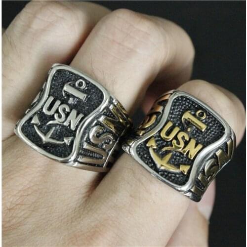 New Fashion Hot Anchor USN Ring 316L Stainless Steel Men Ring Cool Party Man Polishing Golden Biker Ring