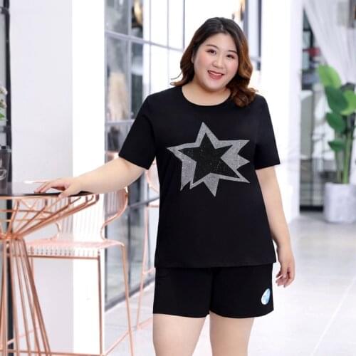 New 2021 summer cotton short sleeve T-shirt Black plus size leisure Pullovers Stars pattern Hot diamonds clothes for women tops