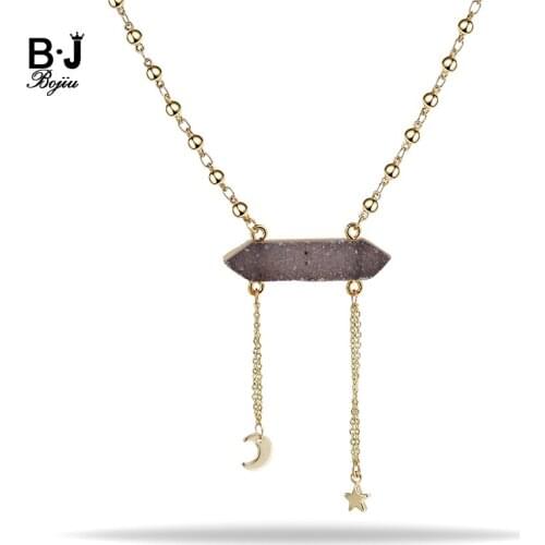 BOJIU Necklace Women Lovely Moon Star mini Charm Long Bar Natrual Druzy Stone Quality Jewelry NKS148