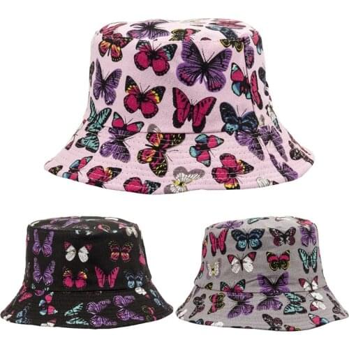 Printed Butterfly Fisherman Hat Cotton Bucket Hat Wide Brim SunHat Couple Summer LX9E