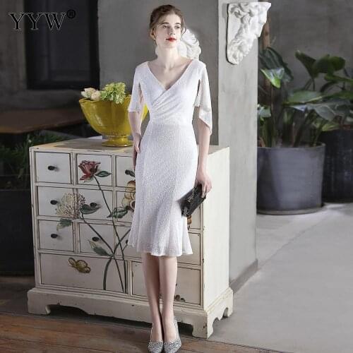 Elegant Sequins Gilter Mid Evening Dresses WomenS Half Sleeve V Bling Formal Vestido Banquet Prom Cocktail Wedding Party Dress