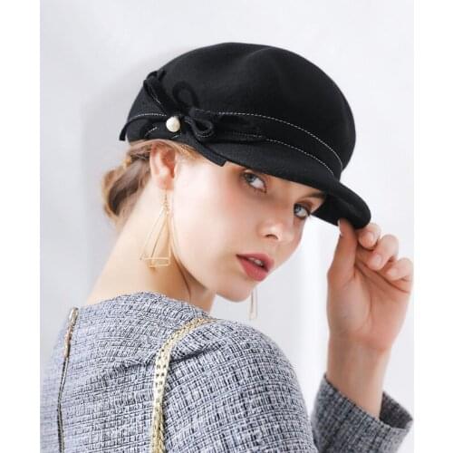 Girls Autumn Leisure Hats Female New Pumpkin Duck Cap Lady Woolen Warm Flat Pearl Hats Wool Bow Leisure Hats Adjust B-8896