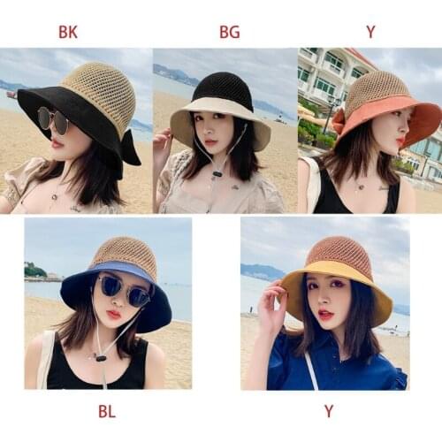 Womens Summer Mesh Top Sun Visor Beach Hat Split Floppy Wide Brim Sweet Bowknot Holiday Outdoor Sunscreen Bucket Cap
