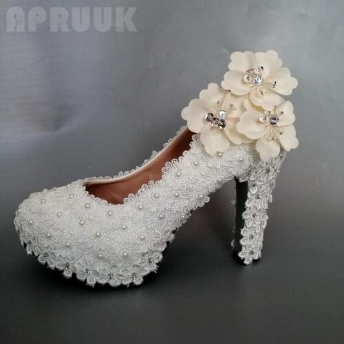 Champagne flower wedding shoes bride super high 11CM block heeled ladies bridal platforms party lace pearls beads shoes women