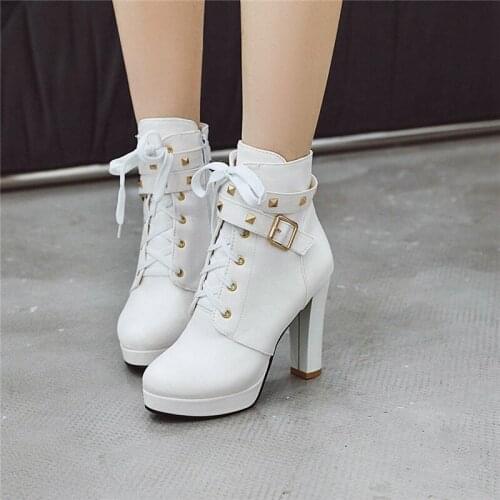 YMECHIC Fashion 2019 Studded Buckle Strap Ladies Boots High Heel Wedding Party Woman Shoes Gothic Cross Tie Biker Ankle Boots