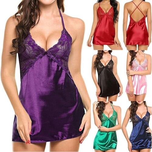 Plus Size Womens Lingerie Nightdress Satin Sleepwear Nightgown Summer Sleeveless Backless V-neck Sexy See-through Lace Nightwear