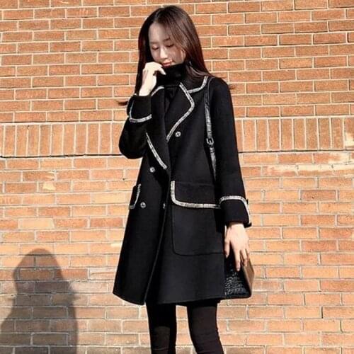 Hepburn Style Woolen Coat Women Mid-Long Korean Loose Outwear 2021 Spring And Autumn Double Breasted Black Woolen Jacket Women