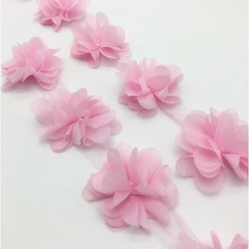 13pcs/yard 3D Pink Chiffon Cluster Flowers Wedding Dress Bridal Fabric Lace Trim Fabric DIY Sewing