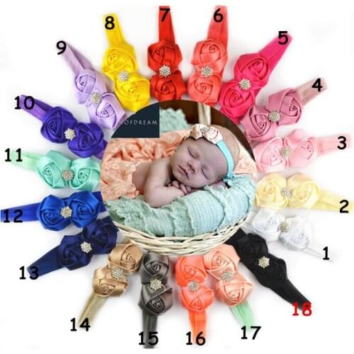 50pcs/lot Newest Elastic Headband with Double Satin Flower and Rhinestone Pearl Button Girl Headwear Decoration FDA205