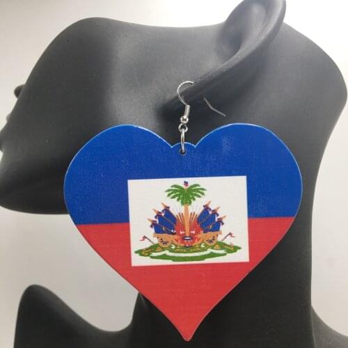 Free Shipping!Printing Haiti Flag Heart Wooden earrings