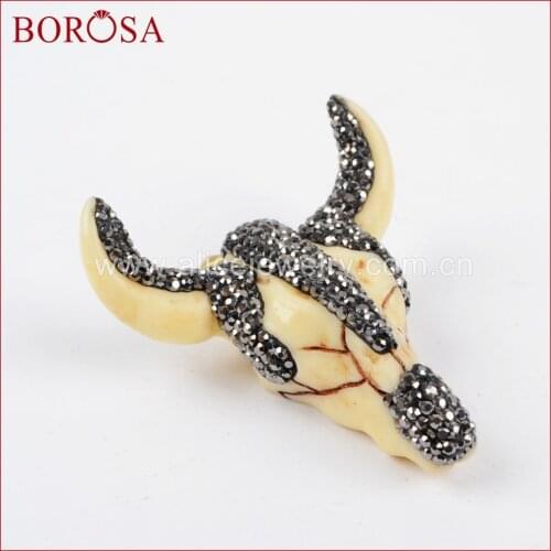 BOROSA Resin Horn Cattle Bull Buffalo Head Pendant Longhorn Pendant for Necklace Crystal Rhinestone Pave Black Zircon JAB634