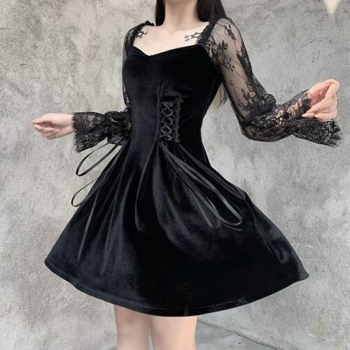 Black Gothic Women Cool Dress 2021 Autumn Lady Lace Patchwork Long Sleeve Drawstring Waist Empire Mini Goth Dresses Dark Lolita