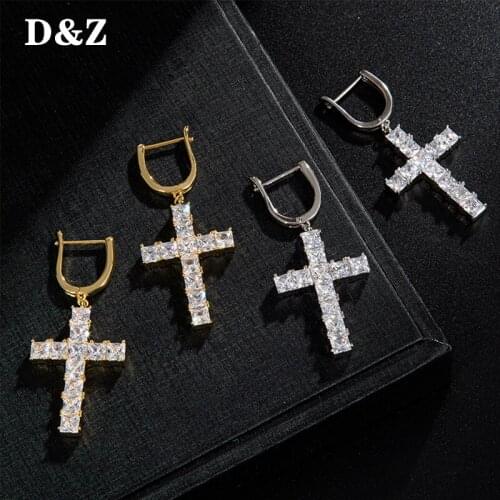 D&Z Micro Paved Cross Full Bling Iced Out Earring Cubic Zircon Gold Color Charm Stud Earrings For Men Hip Hop Jewelry