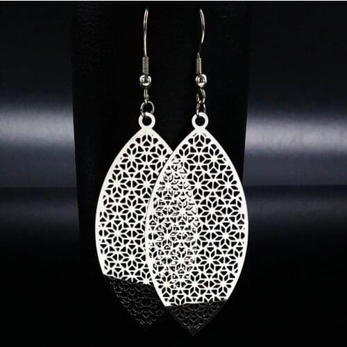 Long Bohemian Stainless Steel Drop Earrings for Women Hollow Silver Color Big Earrings Women pendientes largos