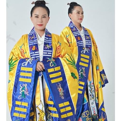 Double Dragon clothes with sleeves yellow gold silk large satin hand embroidered Taoist Taoist Clothing Taoist supplies