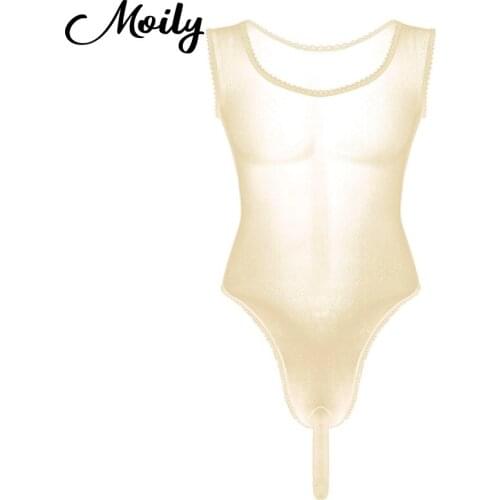 Gay Men See Through Transparent Bodysuits Sexy Hot Erotic Lingerie Bodysuit Sex Sleeveless Sheer Mesh Stretchy Leotard Nightwear