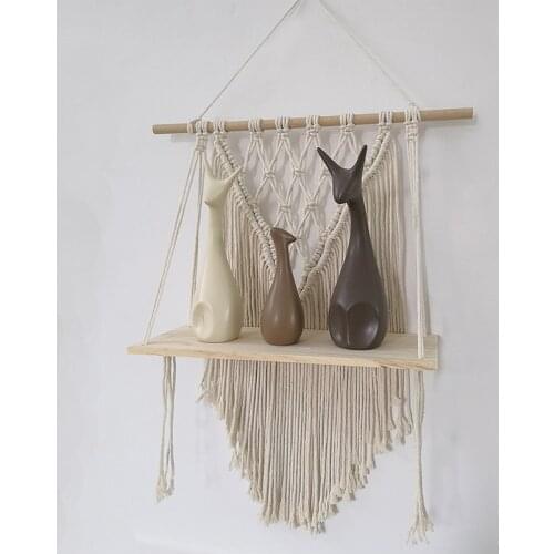 Boho Macrame Wall Hanging Shelf Wood Floating Rack Plants Photo Frames Display Hanger Living Room Bedroom Bathroom Decor