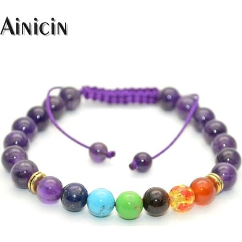 Natural Purple Crystal 8mm Round Stone 7 hakra Healing Beaded Adjustable Bracelets For Fashion Women Jewelry