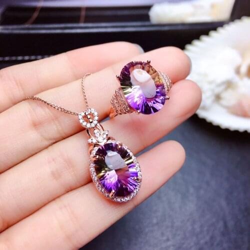 New Romantic Wedding CZ Jewelry Set For Women Inlaid Gradient Colorful Tourmaline Gemstone Pendant Necklace Ring Girlfriend Gift