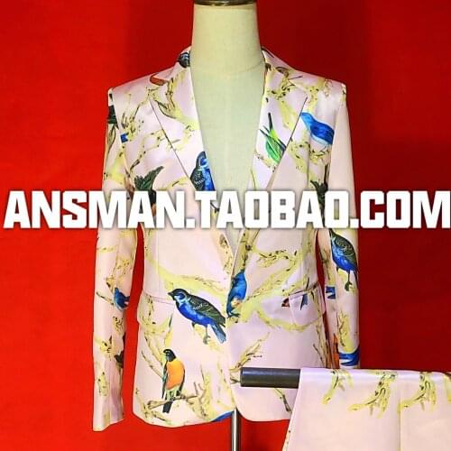 New male nightclub singer DJ GOGO host business performance light pink floral satin suit costume suit