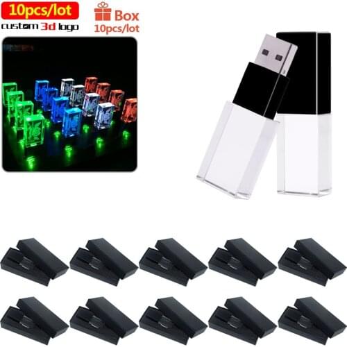 Bulk 10pcs For photography LOGO with LED Crystal Usb 2.0 pen drive Memory USB Flash Drive with Gift Box 4GB 8GB 16GB 32GB 64GB