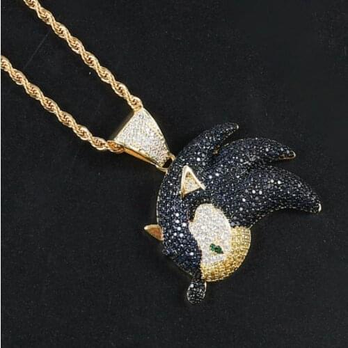 New Fashion Full Zircon Inlaid Gold-Plated Cartoon Hedgehog Metal Pendant Necklace Hip Hop Mens Rock Party Jewelry