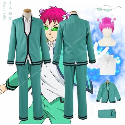 Saiki K Cosplay Costume Saiki Kusuo no Psi Nan Blue Suit Pink Wig Handmade Headwear Anime Hairpin Green Glasses Halloween Outfit