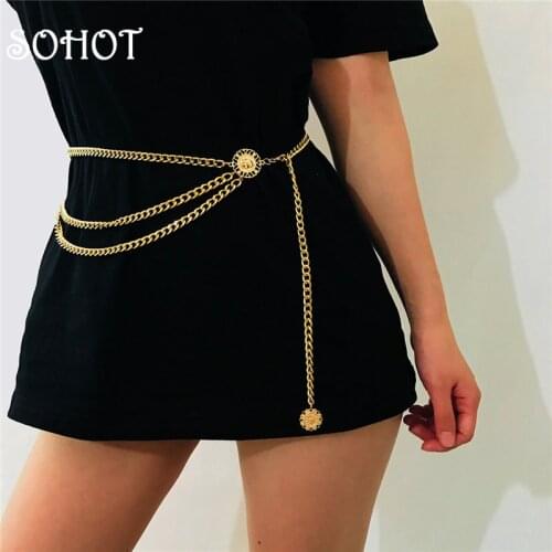 SOHOT European Hot Sale Alloy Multilayer Women Waist Chain Vintage Chic Round Seal Trendy Sexy Punk Summer Beach Tassel Jewelry