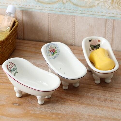Modern Fashion Draining Hole Soap Box Bathtub Shape Rose Pattern Ceramic Soap Dish Bathroom Artistry Soap Tray Hotel Soap Rack