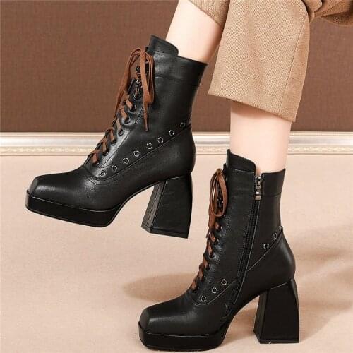 Women Lace Up Genuine Leather Chunky High Heels Platform Pumps Shoes Female High Top Square Toe Winter Warm Motorcycle Boots
