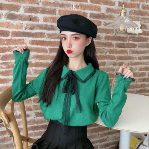 Woman Sweaters Pullover Womens Lace Bow Pullover Autumn and Winter Loose Long Sleeve Knitted Femme Chandails