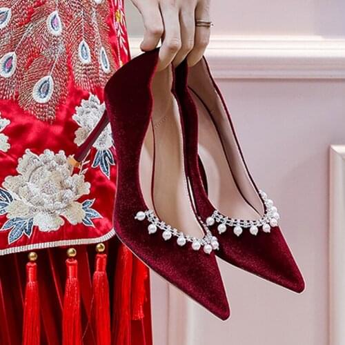 2021 Spring New Simple Elegant High Heels Stiletto Womens Shoes Pointed Red Etiquette Professional Single Shoes Wedding Shoes