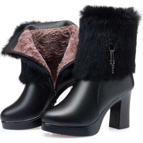 Krasovki Wool Warm Women Snow Boots Thick Bottom Genuine Leather Fashion High Heel Fur Warm Shoes Plush Women Ankle Winter Boots