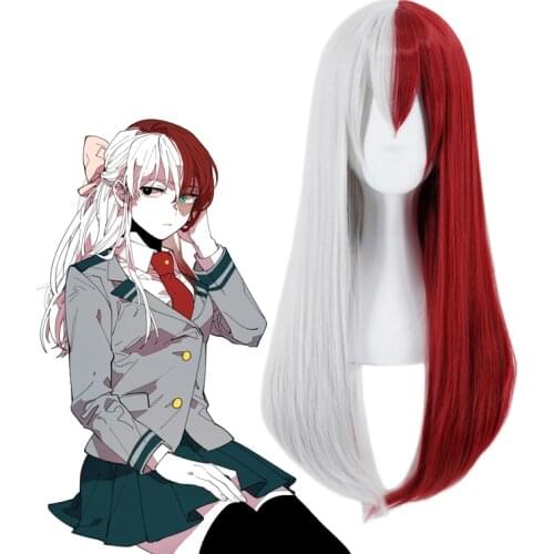 My Hero Academia Todoroki Shoto Women Long Red and White Heat Resistant Hair Cosplay Costume Wig + Free Wig Cap