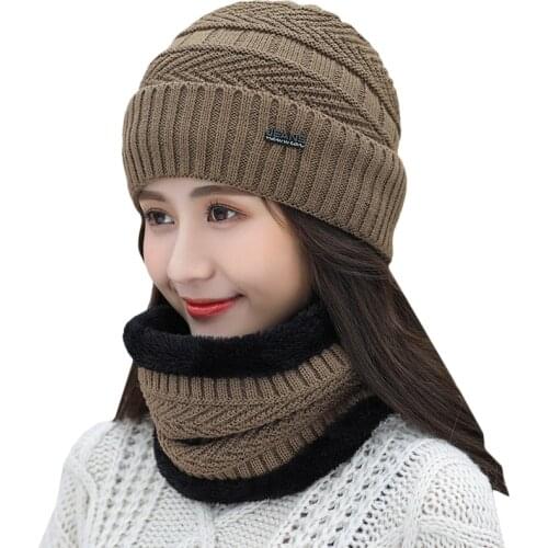 2020 Fashion Women Knitted Scarf Set Beanie Hat Winter Neck Warmer Lining Cap Solid Color Ladies Cap Bib and Hat Accessories